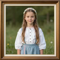 beautiful framed realistic detailed full portrait of a cottagecore flowergirl in simple traditional modest amish garb by Alphonse Mucha, Ayami Kojima, Amano, Charlie Bowater, Karol Bak, Greg Hildebrandt, Jean Delville, and Mark Brooks