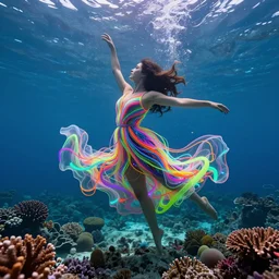 woman dancing underwater wearing a very long dress made of a chaos of neon colors and lights flowing sideways in a strong current of water, coral sea bottom, octane render, caustics lighting from above, cinematic, hyperdetailed