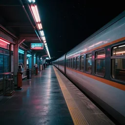 train platform in space, nostalgic atmosphere, photo, neon lights
