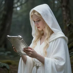 the goddess of memory inscribing rituals on a silver tablet in a forest, white hood, white robes, blonde, fantasy, magical, realistic and detailed, spiritual, supernatural, intricate, elegant, highly detailed, digital painting, trending on artstation, by wlop, 4 k octane render