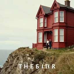 women standing on a cliff, old red victorian style building next to her, book cover