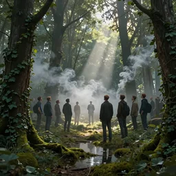 In my thoughts I have seen rings of smoke through the trees and the voices of those who stand looking, volumetric lighting, god rays, , global illumination, puddles of water, sci-fi, ivy, moss, trending on artstation, concept art by Greg Rutkowski and Sebastian Luca ad Moebius