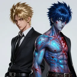 Yakuza Kiryu Kazuma and Majima Goro, beautiful, gracious, bloody, bioluminescent skin, ultra detailed, ultra realistic