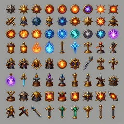 A spritesheet  of ragnarok MMORPG online as a game assets spritesheet by blizzard, magic spells, and weapons, vector art, very detailed