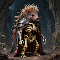 A little vibrant. A spiked horned detailed porcupine-semihuman skeleton with armored joints stands in a large cavernous dark castle with a pebble in hands. Wearing massive shoulderplates, cloak. Extremely high details, realistic, fantasy art, solo, masterpiece, bones, ripped flesh, colorful art by Zdzisław Beksiński, Arthur Rackham, Dariusz Zawadzki, Harry Clarke