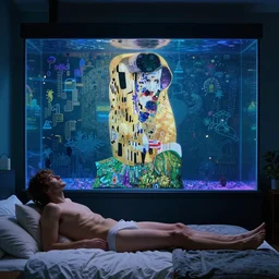 masterpiece artwork of a underwater city civilization inside the aquarium on a bedroom, au naturel, hyper detailed, digital art, trending in artstation, cinematic lighting, studio quality, smooth render, unreal engine 5 rendered, octane rendered, art style by klimt and nixeu and ian sprigger and wlop and krenz cushart and riot and overwatch