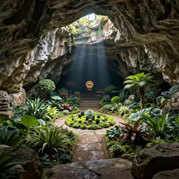 hidden in the stone cavern is a secret garden. andreas achenbach, artgerm, mikko lagerstedt, zack snyder, tokujin yoshioka