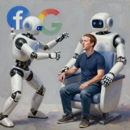 amazing artstation award winning oil painting of mark zuckerberg sitting in a giant facebook robot fights with google cyborg during end of the world