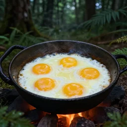 mexican cooking eggs in the middle of the forest, at night