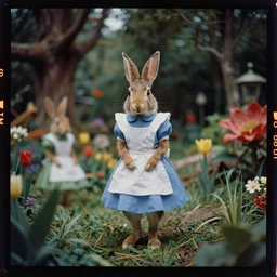 kodak portra 5 0 0, wetplate, muted colours, 2 0 0 mm lens, 1 9 3 0 s award winning vivid colour portrait deep insight inside a very surreal alice rabbit in wonderland garden szene by saul leiter, insanely detailed, insanely intricate, depth of field, motion blur, no people