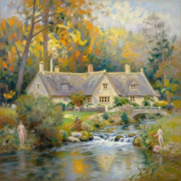a painting of sparse stone cottages underneath a dense forest, with a cascading river and pristine reflect. gorgeous, elegant, sophisticated, an ultrafine painting, intricate brused strokes, bright depth oil colors, by renoir and araken alcantara, mist diffuse promiseful illumination, autumn sunrise warm light, detailed and intricate environment of hopeful bodyscapes