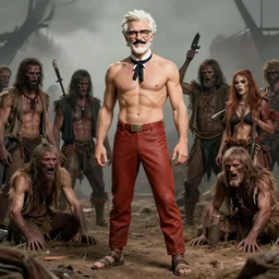a full body portrait of colonel sanders the greek god!! surrounded by evil starving hillbillies!!! extremely beautiful, anatomically accurate, by artgerm and by greg rutkowski and by alphonse mucha and by simon bisley, radiant light, detailed and intricate environment,