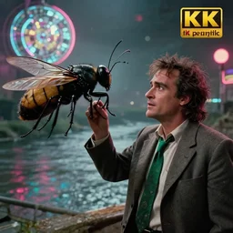 the huge insect talks with unkempt drunkard ( ( ( ( ( ( joaquin phoenix ) ) ) ) ) ) with sideburns worn in old grey jacket with emerald tie, river on the background, movie with cinematography of christopher doyle, neon light, discoball, anamorphic, optical flares, award - winning photo, kodak film, masterpiece, 8 k