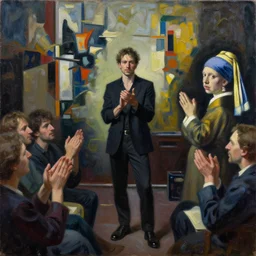 beautiful realistic standing portrait painting of crowd applauding at indie rock concert in front of an abstract expressionist painting, painted by dana schutz and elaine de kooning and vermeer, intense metallic colors palette cinematic lighting dark shadows formal composition, impasto oil painting spectacular detail trending on artstation 8 k