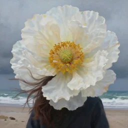 closeup, giant flower head, a girl on a beach, surreal photography, wind and cold, dramatic sky, impressionist painting, digital painting, artstation, simon stalenhag