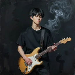 minimal painting of a young korean man wearing black t shirt holding an electric guitar!!, dark background, huge brush strokes, dramatic smoke everywhere, matte colors, dramatic brush strokes, abstract, trending on artstation