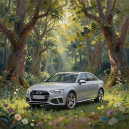 oil painting depicting an audi a4 standing in the middle of a forest, there are flowers, big oak trees, grass, the sun is shining through the leaves, godrays, fantasy