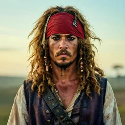 photo portrait of an rugged strong albino african pirate with a red headband | brown brown!!!!! vest | young adult, thin blonde mustache thin beard, big fluffy big afro blonde hair, stern face, rugged and dirty, cinematic lighting at sundawn, movie color grading