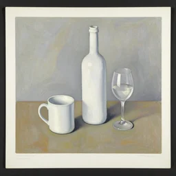 an oil painting on paper of a still life, with a white mug, white wine bottle, wine glass, on a table, in the style of john craxton, similar aesthetics to picasso.