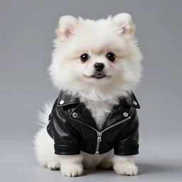 a photorealistic image of a charismatic panda style Pomeranian puppy dressed in a black leather jacket Trending on Artstation, featured on Behance, well-rendered, Unreal Engine, 4K HD