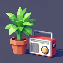 a digital painting of a potted plant and a radio, a low poly render by edward okun, polycount, computer art, vaporwave, # screenshotsaturday, voxel art
