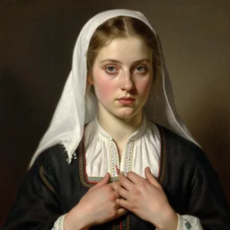 portrait en bust of irish peasant girl, traditional corsican, perfect detailed eyes, perfect hands, intricate, highly detailed, artstation, illustration, jurgens, rutkowski, bouguereau