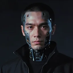 portrait of a cyberpunk character, implants in face, dark electronics vibe, 1 9 8 0 s sci fi film still photography, cinematic portrait, studio ghibli character portrait, ridley scott film still