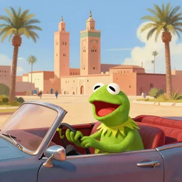 photo of kermit driving a car, wlop, moroccan city, mosque, palm trees, redneck country, style in digital painting, concept art, smooth illustration, by ruan jia and mandy jurgens and william - adolphe bouguereau, artgerm