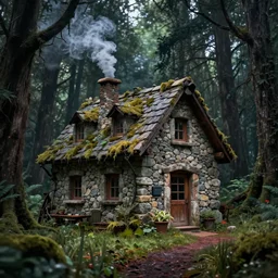 of a beautiful scary Hyperrealistic stone cabin with smoke from chimney in the middle of a dark and creepy forest, macro lens, highly detailed, digital painting, trending artstation, concept art, illustration, cinematic lighting, vibrant colors, photorealism, epic, octane render