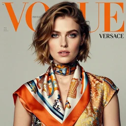 Beautiful Portrait of Erin Heatherton wearing a scarf top by Hermes and a Versace, Vogue editorial, vibrant color scheme, highly detailed, in the style of romanticism, cinematic, artstation, Greg rutkowski
