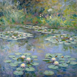 A peaceful magical pond of water lilies, by Claude Monet and Thomas Kinkade, by Gilbert Williams, visionary art, artstation