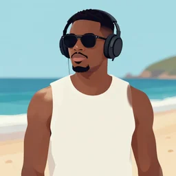 black man wearing headphones and sunglasses, standing at the beach, vector art, digital