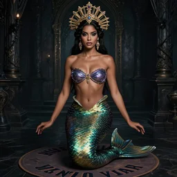 ( ( portrait of mermaid ) ), zoom, rule of thirds, atmosphere, intricate, vogue, regal, vanity fair, attractive, brown skin, latina symmetrical!!, makeup, loreal, maybelline, sephora, loreal, artstation, art by artgerm and gonzalo ordonez arias, moody, gotham, concept art, cg society, filmic, vsco
