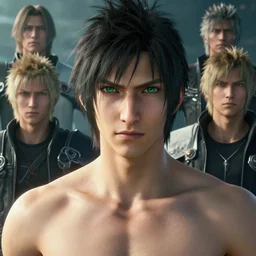 male with black short hair and green eyes by Greg Rutkowski, Sung Choi, Mitchell Mohrhauser, Maciej Kuciara, Johnson Ting, Maxim Verehin, Peter Konig, final fantasy , mythical, 8k photorealistic, sexy, hot, cinematic lighting, HD, high details