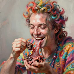 bright psychedelic mike patton eating rotten flesh, smiling and puking, diffuse lighting, fantasy, intricate, elegant, highly detailed, lifelike, photorealistic, digital painting, artstation, illustration, concept art, smooth, sharp focus, art by francis bacon