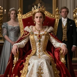 Emma Watson sitting on queens throne royalty wearing royal mantle gold jewelry by moebius and atey ghailan by james gurney by vermeer by George Stubbs trending on artstation