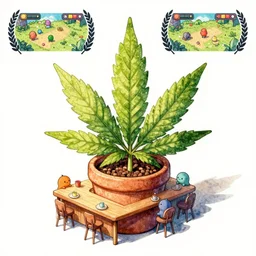neat composition cannabis leaf in pot cafe detailed cute characters, isometric fun style ink watercolor illustration, by ren hang, australian style video game still