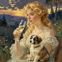 blonde with glass of champagne and puppy. art by mucha