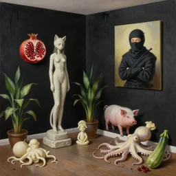 realistic painting of a tidy female artist's apartment, black dripping walls, tall emo catgirl, stone sculpture, a pig, a ninja painting on black walls, pomegranate, bromeliads, ivory, octopus, a courgette, berries, zen, sensual, surrealist painting by magritte and rousseau and kawase hasui