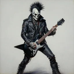 a portrait of the grim reaper as a punk rocker playing an electric guitar, punk, skeleton face, mohawk, dark, fantasy, leather jackets, spiked collars, spiked wristbands, piercings, boots, ultrafine detailed painting by frank frazetta and vito acconci and michael whelan and takeshi obata, death note style, oil on canvas, symetric body, sharp focus