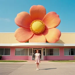 giant flower head, full body, girl standing in mid century hotel, surreal, symmetry, bright colors, blue sky, cinematic, wes anderson