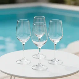 5 5 mm photo of wine glass on a zen minimalist round white table with gorgeous pool in the background. highly detailed 8 k. intricate. lifelike. soft light,