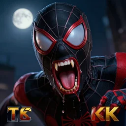 Spider-Man horor, fangs and drool, jaw and tongue, man is terrified, 8k, movie poster, black and red, octane render, hyper-realistic, artstation trends, ray tracing, night and moonlight