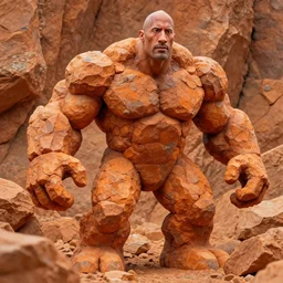dwayne johnson as a monster made of orange rock, orange stone, craggy rock, rough rock, realistic photo