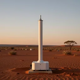 atmospheric water extractor, array technology, in the red australian desert, dawn's natural light, high quality photograph, shallow depth of field, simple composition, symmetrical, golden ratio