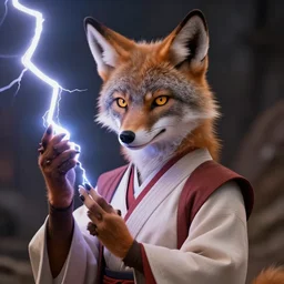 beautiful portrait of a female anthropomorphic coyote fursona wearing jedi robes being struck by lightning. detailed hands. character design by charlie bowater, ross tran, artgerm, and makoto shinkai, detailed, soft lighting, rendered in octane