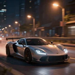 a sport car in mass effect with street lights at night. len blur, depth unfocused. art by ismail inceoglu, filip hodas, and pixar.