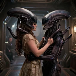 movie still of a lana del rey being grabbed by an xenomorph, titanic ship interior, cinematic shot.