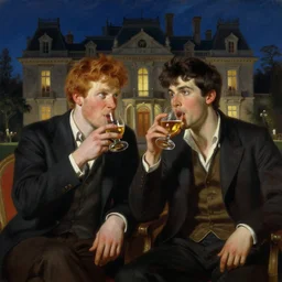 attractive male mike and attractive male tyler, one is ginger and the other brunet, drinking their hearts out, in their noble mansion, at night. highly detailed painting by gaston bussiere, craig mullins, j. c. leyendecker 8 k