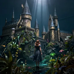 emma watson alone, submerged in an empty dark flooded hogwarts castle overgrown with aquatic plants